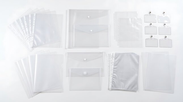 Assorted plastic document sleeves organized.