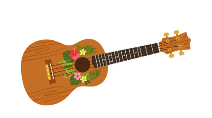 Colorful Ukulele with Tropical Floral Design on White Background © iffa