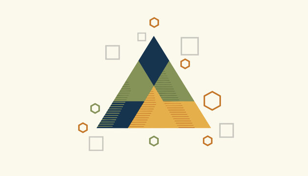Abstract geometric pyramid diagram composed of dark blue, olive green, and yellow triangles with floating hexagons.