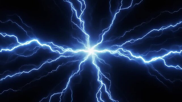 青いプラズマの爆発が暗闇で広がり太い電流と細かな枝分かれが発光し高電圧の迫力を見せる未来光景強く輝く