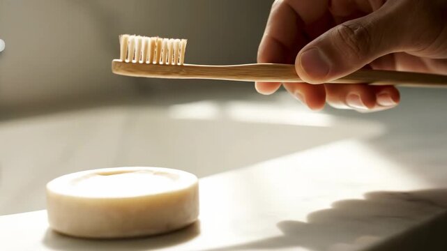 Hand reaching for a toothbrush on a marble surface in a bright bathroom