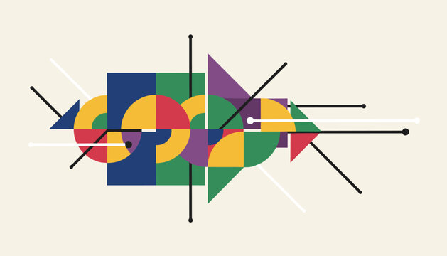 Symmetrical constructivist geometric art piece featuring interlocking colorful shapes, triangles, and lines.