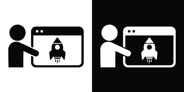 Website launch vector icon showing a person launching a rocket inside a browser window. Minimalist black and white stock graphic.
