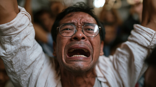Filipino man in his thirties gripping a train pole during a panic attack, commuter crowd oblivious around him, overhead wide shot capturing the isolating reality of acute anxiety