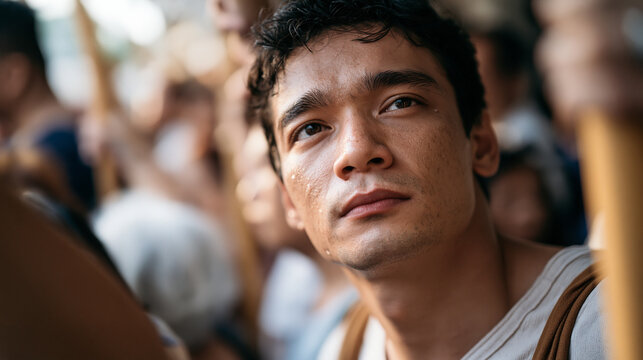 Filipino man in his thirties gripping a train pole during a panic attack, commuter crowd oblivious around him, overhead wide shot capturing the isolating reality of acute anxiety