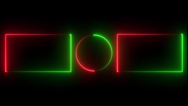 Abstract glowing geometric rectangle and circle frame. Animation of rectangle glowing green and red neon on black background. neon geometric frame glowing animation. 4k animation video...