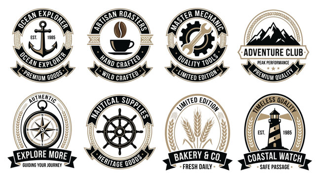 Vintage vector badges with nautical, coffee, gear, adventure, compass, wheel, bakery, and lighthouse elements on white