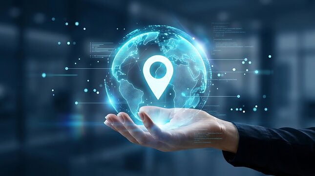 Hand holding digital glowing globe with location pin icon, representing global positioning system, navigation, and tracking technology