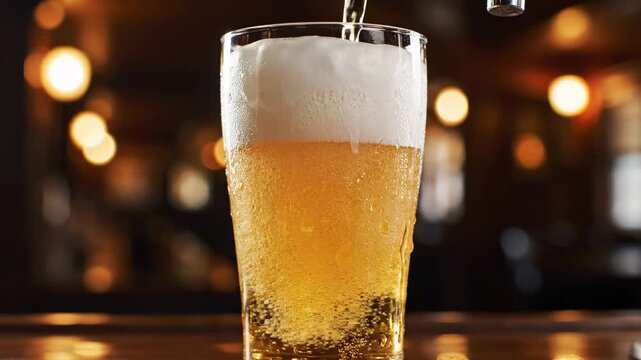 Pouring beer into a glass at a bar during evening hours with warm lighting