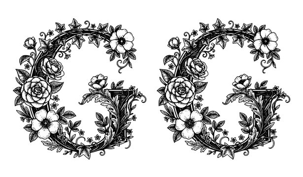 Decorative Floral Letter G Monogram with Vintage Botanical Flowers Leaves and Elegant Ornamental Design
