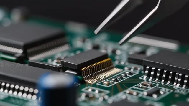 スマートフォン基板のNANDメモリを精密ピンセットで外し接合部と小型回路が浮かぶ電子修理の緊張感ある光景