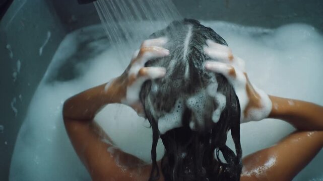 アジア人女性がハンドシャワーで濃い髪の泡を流し両手で頭皮を洗う水しぶきのある美容場面
