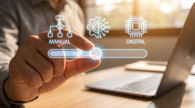 Person using a virtual interface slider to adjust transition from manual processes to digital automation