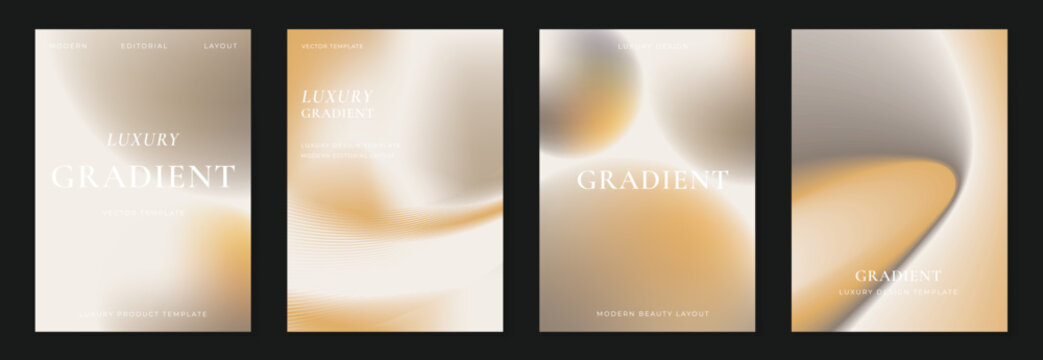 Luxury gradient vector poster template set. Premium abstract cover designs with soft blurred shapes, metallic silk texture and modern layout for beauty, fashion and product branding.