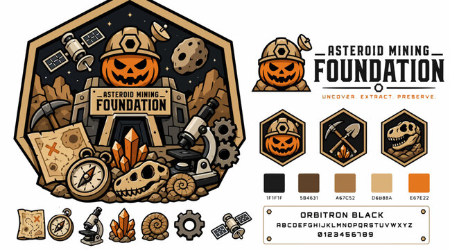 Vintage Asteroid Mining Foundation Badge and Icons Set.