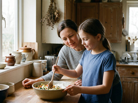 Mother teaching her young daughter to prepare a healthy homemade meal together in the kitchen while encouraging independence and family bonding