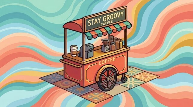 A charming isometric vector illustration of a vintage mobile coffee cart with a "Stay Groovy" sign, resting on patterned tiles against a colorful psychedelic wavy background.