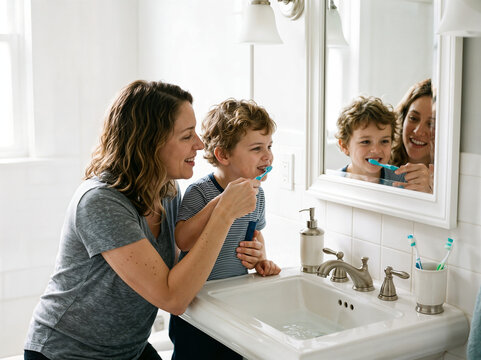 Mother helping her young son brush his teeth in the bathroom as part of a healthy morning hygiene routine before school