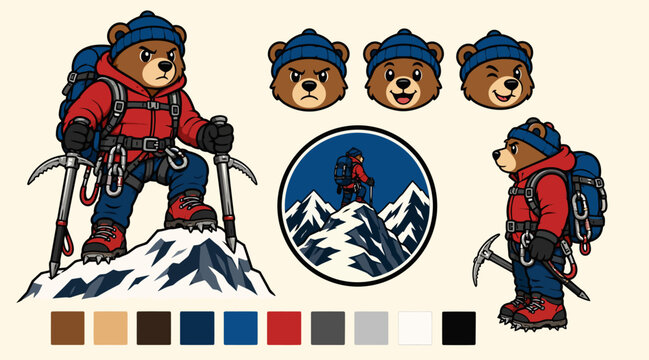 Cartoon Bear Climbing Mountain with Gear and Patches.