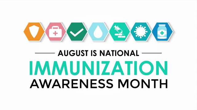 National Immunization Awareness Month animation featuring vaccine bottle and syringe with modern healthcare design. Motion graphic for awareness campaigns and educational presentations.