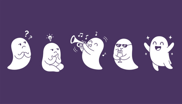Cute set of cartoon ghost doodles in white line drawing depicting various funny emotions on a dark purple background.