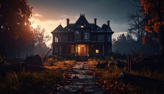 Haunted Gothic Castle in Moonlit Night Forest with Medieval Towers Dark Halloween Architecture and Spooky Landscape Background