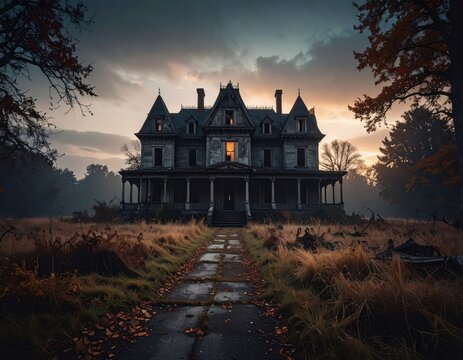 Haunted Gothic Castle in Moonlit Night Forest with Medieval Towers Dark Halloween Architecture and Spooky Landscape Background