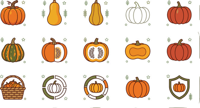 Autumn Pumpkin and Winter Squash Variety Icon Set Featuring Butternut Gourd Halved Pumpkins with Seeds Harvest Baskets and Agriculture Shield Badges
