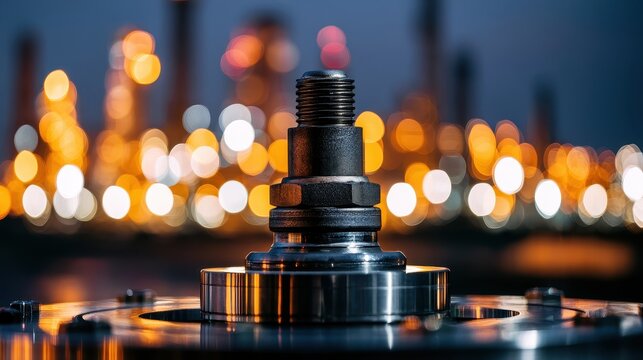 Factory illumination heavy industry operational excellence concept close up precision engineering asset reliability selective focus vibrant Composite illuminated industrial complex backdrop.