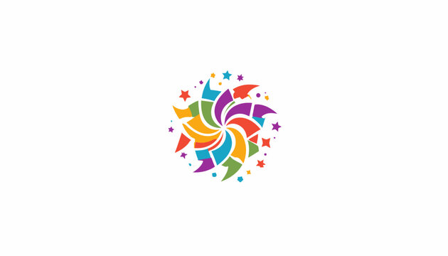 Complex colorful mosaic star logo with swirling festive elements.