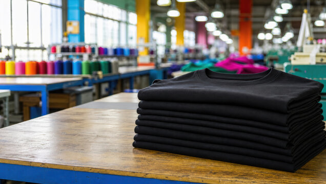 Stacked black t shirt textile factory colorful thread wooden table production apparel industrial bright organized modern workspace
