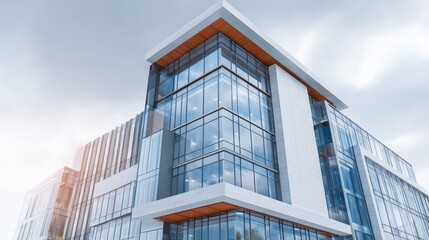 Obraz premium Modern Architectural Glass Office Building Facade with Reflective Windows and Clear Sky