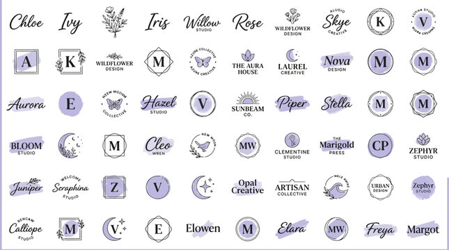 The collection showcases various stylish vector monogram logos and typography.