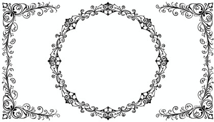 Fototapeta premium Decorative leaf circular frame with floral corner flourishes.
