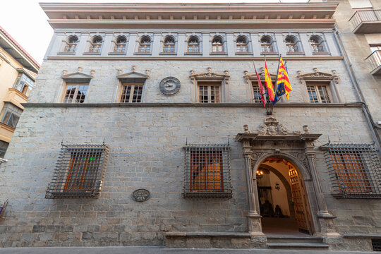 Jaca, Spain. Main facade of the 16th century Town Hall, an Aragonese Plateresque Renaissance building with Tuscan portal, iron grilles and Aragonese gallery