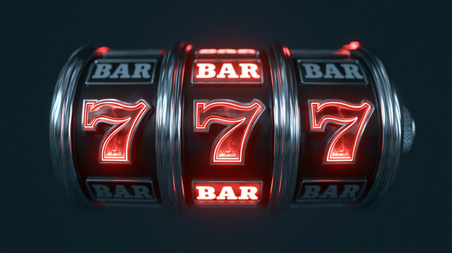 Luxury slot machine with glowing jackpot sevens on black background, futuristic casino gaming concept with premium neon design