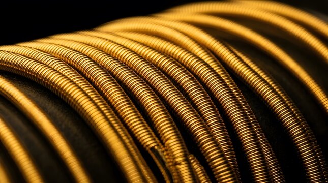 Close texture view of a shining golden copper wire coil
