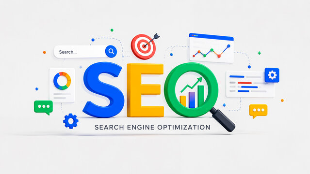 An infographic illustration of search engine optimization with magnifying glass and performance chart.