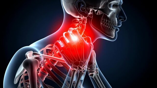 Human skeleton with highlighted neck pain area showing anatomy and joint inflammation concept