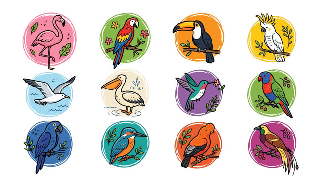 Colorful Bird Illustrations in Circles.