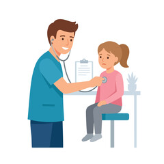 Fototapeta premium A male pediatrician in blue scrubs smiling while examining a worried young girl with a stethoscope in a bright medical office setting.