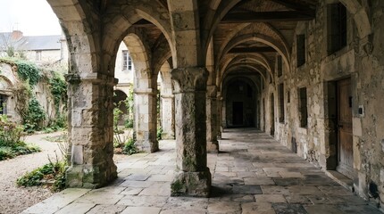 Obraz premium Historic Stone Cloister Walkway featuring Grand Arched Pillars and Ancient Vaulted Ceilings in a Traditional Courtyard