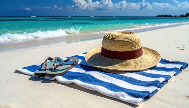 Straw Hat and Sunglasses Resting on Sandy Tropical Beach by the Ocean Under Bright Summer Sun Perfect Vacation Travel and Relaxation Concept
