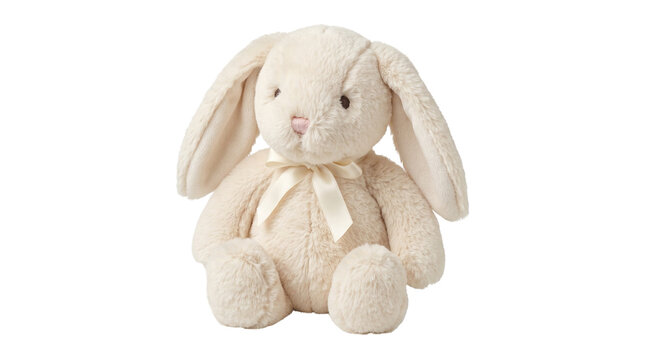 Cute fluffy light brown stuffed bunny toy with long ears and a sweet bow, sitting peacefully, studio shot.