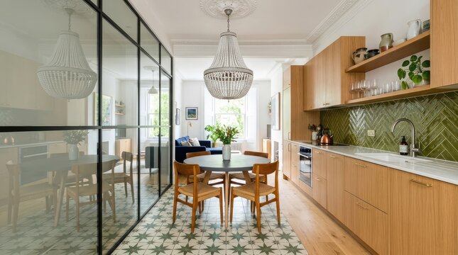 Modern kitchen with wood cabinets and green tile backsplash.