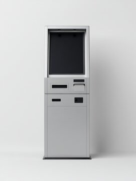 Modern Self-Service Kiosk Machine with Touchscreen Display and Payment Slots, Isolated on White