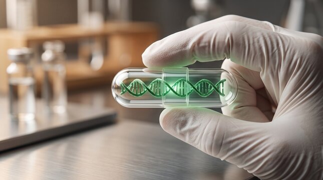 Scientist holding a transparent medical capsule containing a glowing green dna helix structure for advanced genetic research in a sterile laboratory setting