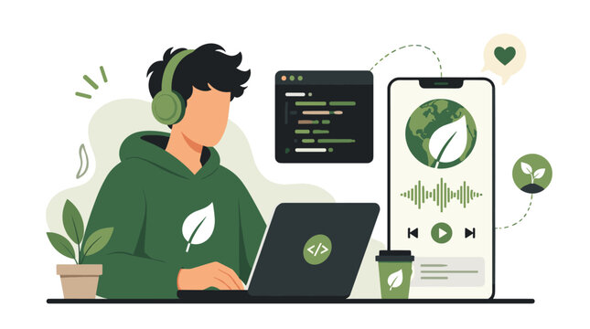 Young programmer wearing headphones coding at laptop.