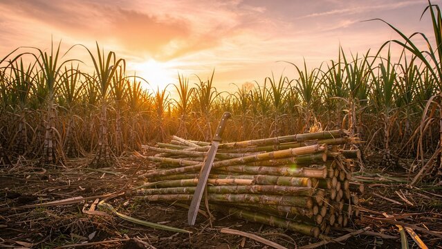 Harvested sugarcane stalks and machete in a field at sunset, showing agricultural work and natural farming process for sugar production.