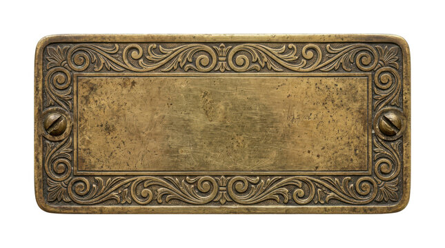 Vintage ornate brass nameplate or plaque with decorative scrollwork border isolated on transparent background